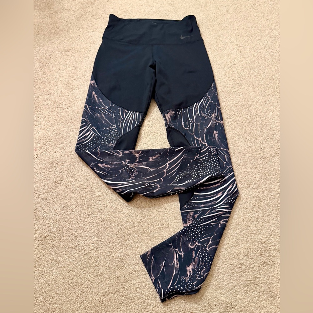 Nike Black and Pink Feather Pattern Leggings - Picture 1 of 12